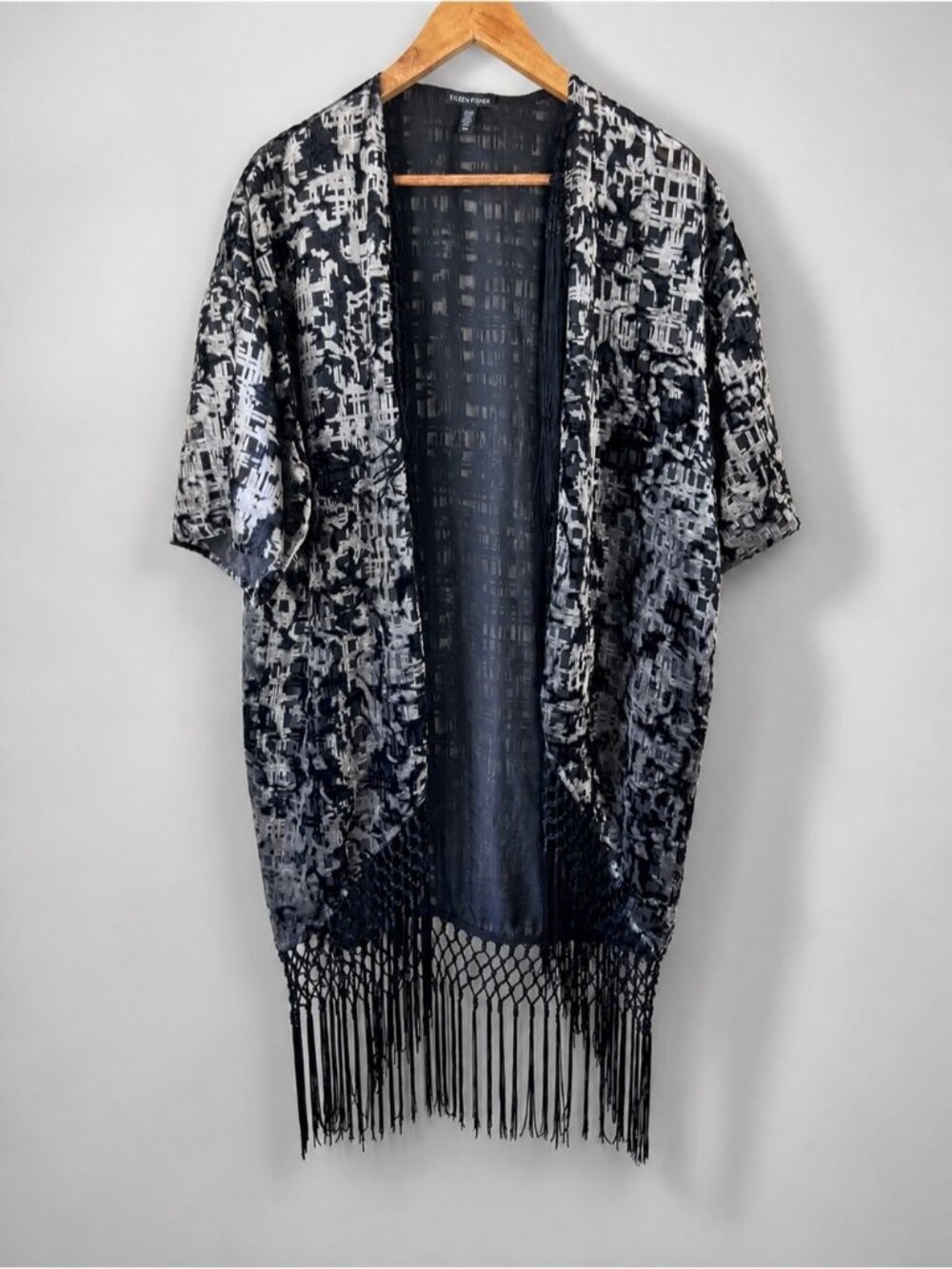 Eileen Fisher burnout velvet kimono duster Fringe cardigan Small 100% Wool Black